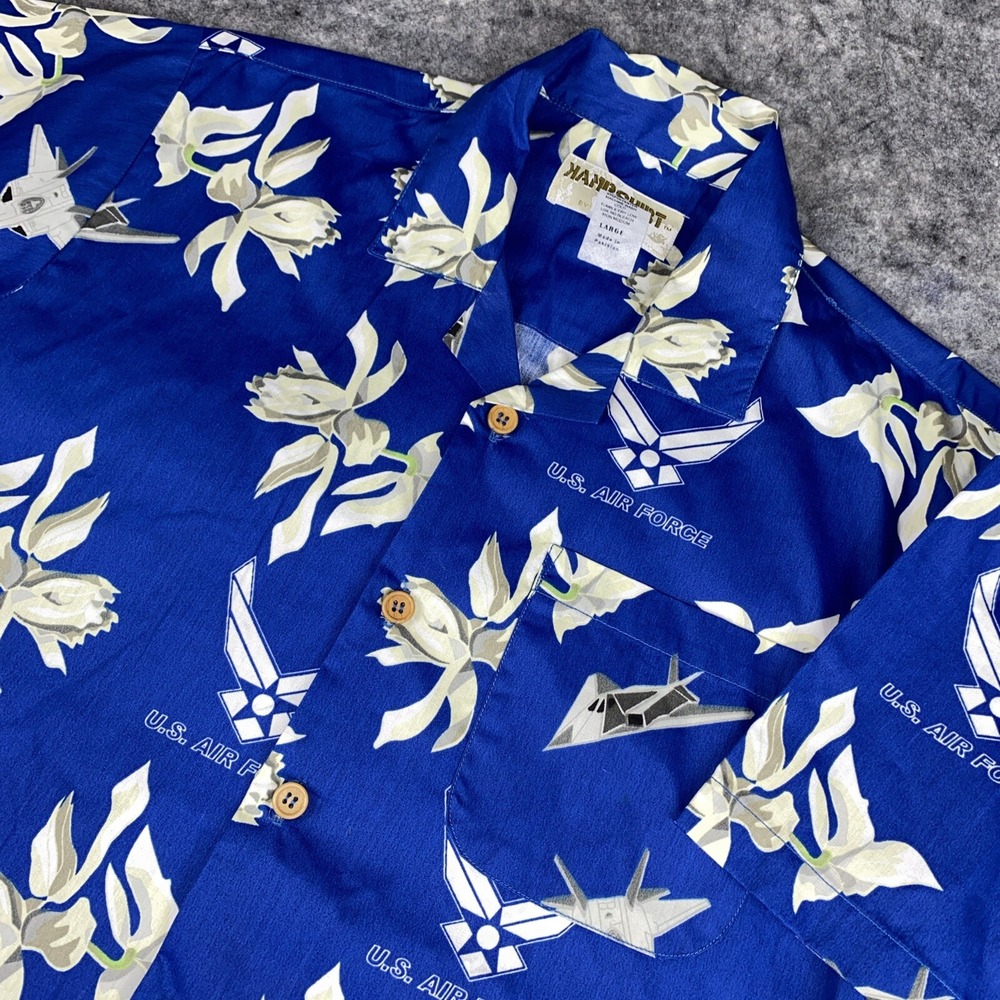 Vtg. Eagle Crest Kamp Shirt Mens Size L Tiki Hawaiian US Air Force USAF Military